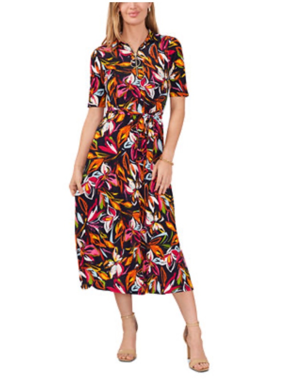 MSK Black Floral Collared Gold Zipper Neck Midi Dress XL NWOT